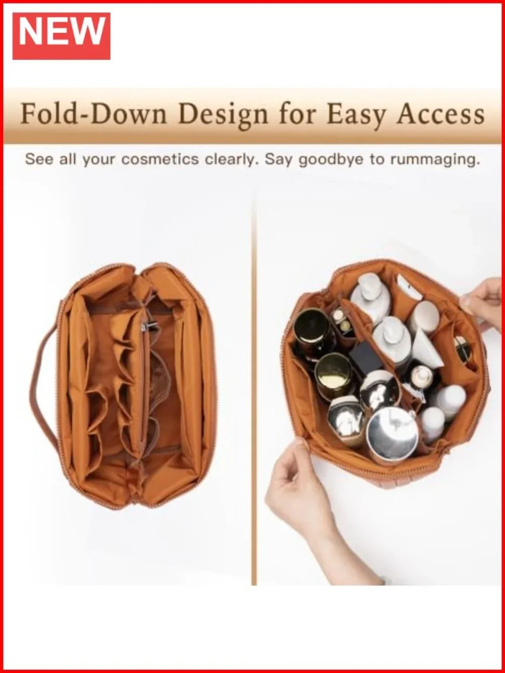 Faux Leather Travel Makeup Bag Fold-Down Large Capacity Cosmetic Organizer